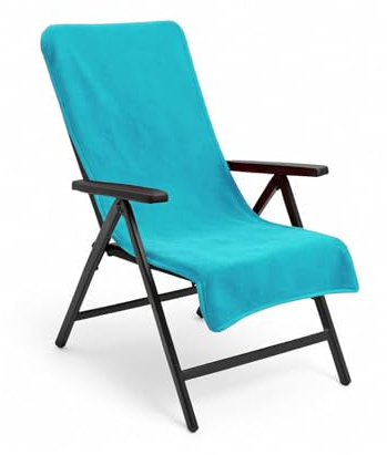 Schonbezug Gartenstuhl 130x65 cm aus Baumwolle, Auflage & Handtuch-Bezug für Hochlehner, Relaxsessel und Campingstuhl, mit Kapuzenüberschlag, universell passend, waschbar. Farbe wählbar (Türkisblau)