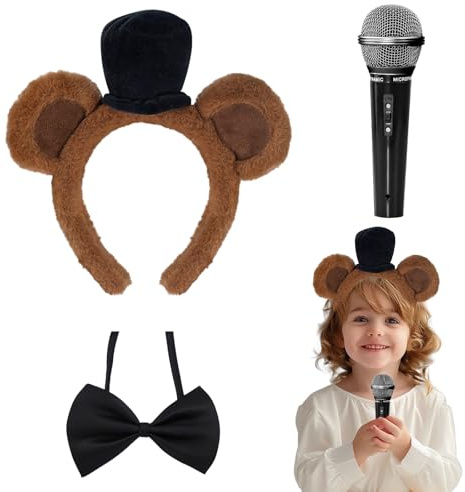 Lihetymg Freddy Kostüm Bären Ohren Haarband Schwarze Verstellbare Krawatte Spielzeugmikrofon Chipmunks ohren Bären Ohren Haarreif Bären Cosplay Set für Halloween Karneval Cosplay Partei