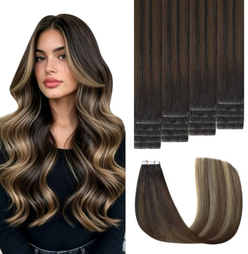 Sweetmet 3rd-Generation Invisible Tape Extensions Echthaar Menschenhaar | Farbe #1B/4/27 Balayage Schwarz zu Braun mit Karamellblond Unsichtbare Haarverlängerung Echthaar Tape 35g 40cm