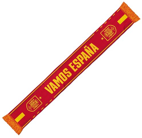 RFEF Schal Spanien 2026 – Offizieller Schal VAMOS ESPAÑA der spanischen Nationalmannschaft – rotes Design mit gelben Details, RFEF-Wappen und gelben Fransen