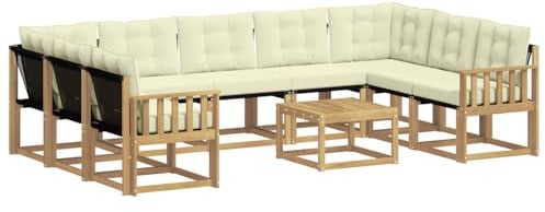 vidaXL Outdoor-Sofagarnitur mit Kissen 10 pcs Weiß und Creme, Moderne Gartenmöbel, Akazienholz-Sofa, Textilene-Rücken, strapazierfähige Sitzmöbel, Bequeme Liegeplätze