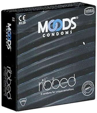 MOODS Ribbed Condoms - 3 lila Kondome mit Rippen - Stoß für Stoß dem Orgasmus näher kommen