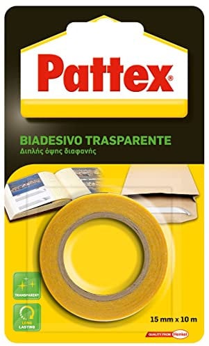 Pattex Biadesivo Trasparente Universale, Basso Spessore, Eccellente Adesione su Carta, Cartone, Legno, Plastica, Materiali Flessibili e su Tutte le Superfici Lisce, Per Foto e Album, 15mmx10m