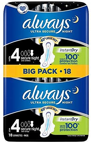 Always Ultra Secure Night Sanitary Towels Wings 18 Pads, Super Absorbent, Thin, Neutralises Odours Extra Coverage, Size 4