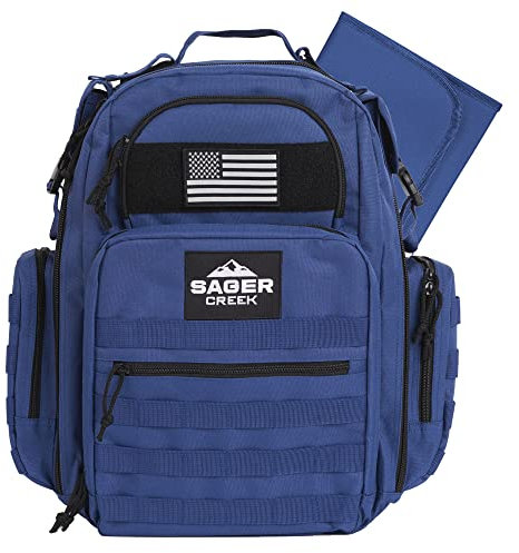 Sager Creek Wickeltaschen-Rucksack mit Wickelauflage für Daddy. Military Wasserdichter Wickelrucksack für Männer mit Isoliertem Fach, Kinderwagengurten und Wickelauflage für unterwegs. Marineblau