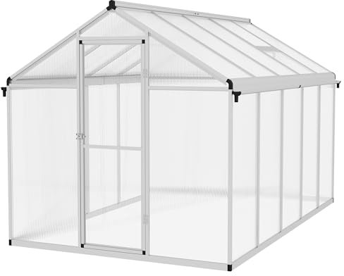 Outsunny 6 x 10ft Polycarbonate Greenhouse with Rain Gutters, Large Walk-In Green House with Door and Window, Garden Plants Grow House with Aluminium Frame and Foundation