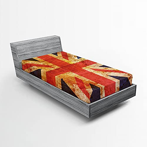 ABAKUHAUS England Spannbetttuch, Union Jack Motiv Grunge, Soft Dekorativer Stoff Bettwäsche Rund-um Elastischer Gummizug, 90 cm x 200 cm, Night Blue Vermilion