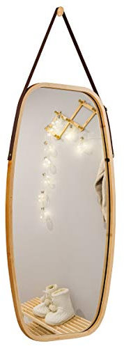 COSTWAY Miroir Mural Suspendu, Miroir de Salle de Bains, avec Cadre en Bambou et Sangle en Cuir Réglable, Coin Arrondi, pour Salon, Chambre, Entrée etc. (77cm X 44 cm X 1,5cm (L X l X H))