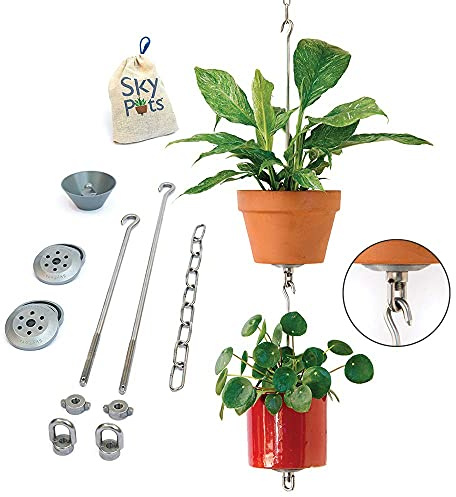 SkyPots 2er-Pack, Topfaufhänger-Sets + Zubehör – Hängen und verbinden Sie Ihre Tontöpfe, Edelstahl – für drinnen und draußen – verbindbarer hängender Pflanzgefäß vertikaler Garten mit Drainage für