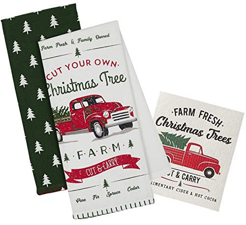 Küchentücher und Geschirrtuch-Set mit Weihnachtsmotiv im Bauernhaus-Design, roter LKW, Bauernhoffrische und Baumdruck, dekoratives Geschirrtuch für Geschirr und Handwäsche, insgesamt 3 Stück