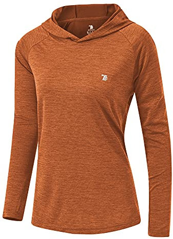 YSENTO Damen Laufshirt Langarm Sportshirt UPF 50+ Schnelltrocknend UV Schutz Hoodie Pullover Wandershirt mit Daumenlöcher(Orange,2XL)