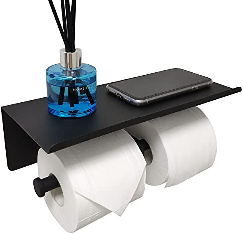 GZILA Double support de papier toilette avec étagère murale - Noir mat - Double rouleau de papier toilette - Distributeur multifonction TP - Acier inoxydable SUS 304