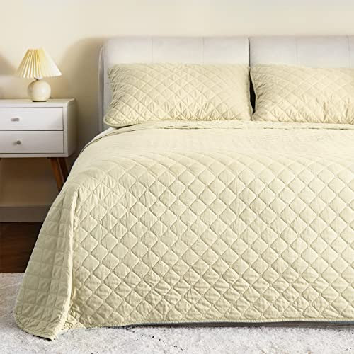 Threads For Bed® 3 Teilige Stickerei Tagesdecke Bettüberwurf, Dünne Steppdecke Bettdecke Set Sommer, Baumwolle Gefüllte Beige Wohndecke mit Karo Muster - 1 Überwurfdecke 220X240 +2 Kissenbezug 40x80