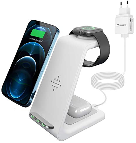 Kabelloses 3 in 1 Ladegerät, Ständer für iPhone 12/12 Pro/12 Pro Max/11/11 Pro/11 Max/XS Max/XS, iWatch Series SE/6/5/4/3/2, AirPods Pro/2 und andere Qi-fähige Telefone mit 18W Adapter (Weiß)