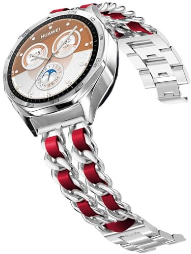 DEALELE Armband Kompatibel mit Samsung Galaxy Watch 46mm / 3 45mm, 22mm Metall mit Leder Kette Armbänder für Huawei Watch GT6 / GT5 / 4/3 / Pro / GT4 / GT3 / GT2 46mm Herren Damen, Silber-rot
