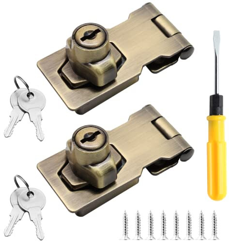 Jiozermi 2 paquetes de cerraduras de cerrojo con llave de 2.5 pulgadas con cerradura, cerrojo con llave diferente, pomo giratorio con cerradura para puerta pequeña de gabinete, bronce