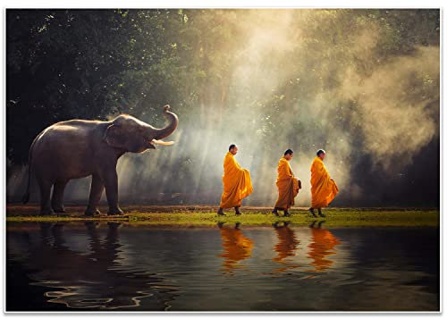 wandmotiv24 Poster als Wanddeko, Größe 100x70cm, Elefant, Teich, Mönch, Moderne Wanddeko, Wandbilder, Deko, Bild M0224