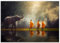 wandmotiv24 Poster als Wanddeko, Größe 100x70cm, Elefant, Teich, Mönch, Moderne Wanddeko, Wandbilder, Deko, Bild M0224