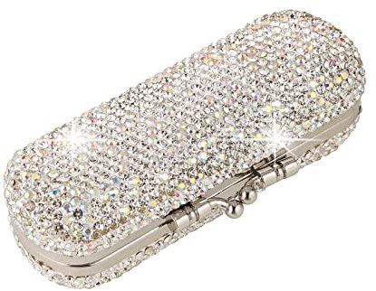 AsAlways Custodia portatile per rossetto con strass brillanti e specchio portatile con diamanti brillanti per trucco cosmetico da viaggio alla moda da donna, Argento
