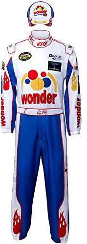 AMNPOLEN Erwachsenenkostüm für Herren, Autorennfahrer, Rennfahrer, Overall, Hut, Mütze, Outfit, Anzug, Talladega, Nacht, Wunder, Halloween, Cosplay, Blau, XL