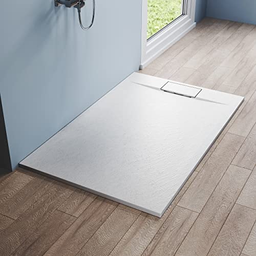 Duschwanne Duschtasse 140x90 cm Anti-Rutsch SMC Duschwanne Flach Zuschneidbar, inkl. Siphon und SMC Abdeckung, Weiß Mineralguss Schieferoptik