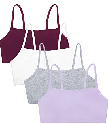 Fruit of the Loom Women's Spaghetti Strap Cotton Pullover Sports Bra Value Pack, Opaque, Purple/White/Lilac/Grey, 34 (Pack of 4)