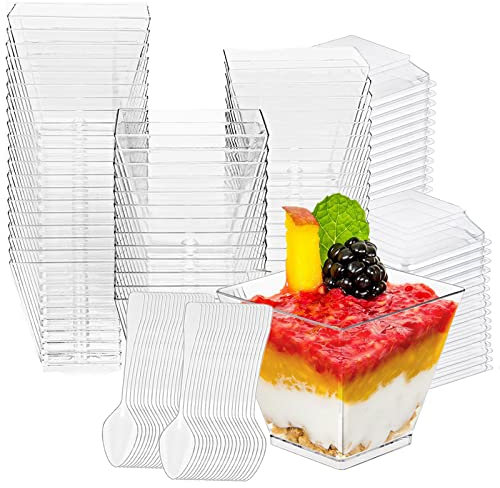 XHDA 60ml Mini Dessert Cups with Lids and Spoons, 50 Pcs Reusable Plastic Cups for Pudding Mousse Party