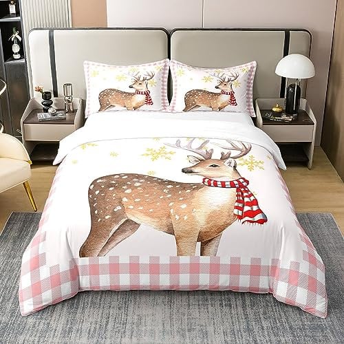 Jagd Hirsch 100% Baumwolle Bettbezug 155x220 Set Mädchen Rosa Bettwäsche Set Netter Elch Druck Weihnachtströster Abdeckung Lodge Kabine Bett Sets mit 1 Kissenbezug