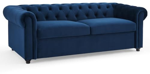 Home Detail Velvet Fabric Pull Out Sofa Bed Three Seater SofaBed Upholstered Settee in Velvet Grey or Blue (Blue Velvet)