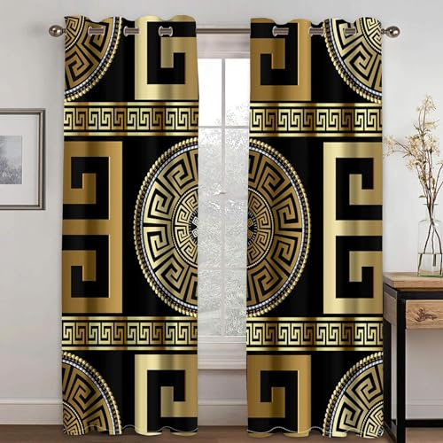 MELABE griechische Geometrie Vorhang Wärmeisolierend 2Er Set, schwarzes Gold Blickdichte Gardinen, Thermo Vorhänge Für Schlafzimmer Wohnzimmer Kinderzimmer Küche Fensterdekoration 2 x 100B x 160H cm