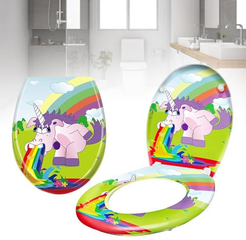 LZQ WC Sitz Toilettendeckel mit Absenkautomatik Toilettensitz Universal Größe Toilettensitz aus Hartplastik Antibakteriell Klodeckel aus Duroplast, Regenbogenpferd
