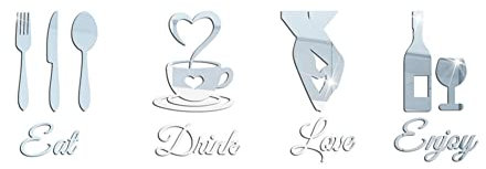 MoreChioce Autocollant Muraux Miroir, Acrylique Cuisine Cuillère Couteau Fourchette Tasses 3D Miroir Sticker Mural DIY Saying Wall Art Décalcomanies Murales pour la Cuisine Décoration Café Bar,Argent