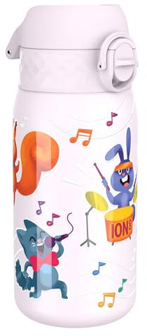 ION8 Gourde Enfant, Inox Léger, 400ml, Non Isolé, Anti-Fuite, Facile à Ouvrir, Verrouillage Sécurisé, Lavable au Lave-Vaisselle, Poignée de Transport, Acier Inoxydable, Bande d'animaux