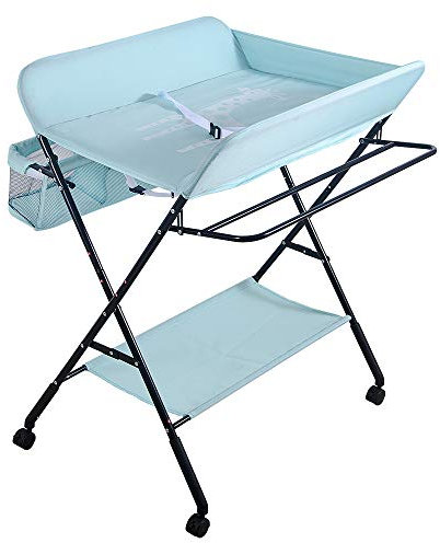 Wickeltisch Klappbar-Wickelkommode Babypflegetisch-Mobiler Wickelkombi mit Wickelauflage, Sicherheitsgurt und Ablagefächern, Tragbar Wickelkombination (blau-80 * 66 * 98cm)