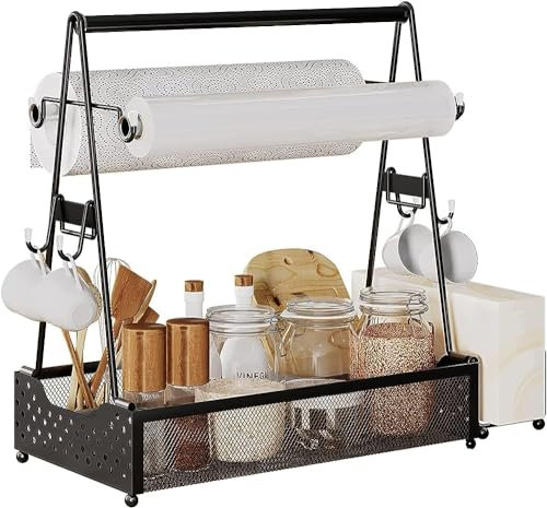 Garqitwan Grill Caddy, Utensil Holder with Two Tissue Holders, Picnic BBQ Caddy for Outdoor Picnic Accessories, Kitchen Countertop Organizer for Plates Utensils (Black)
