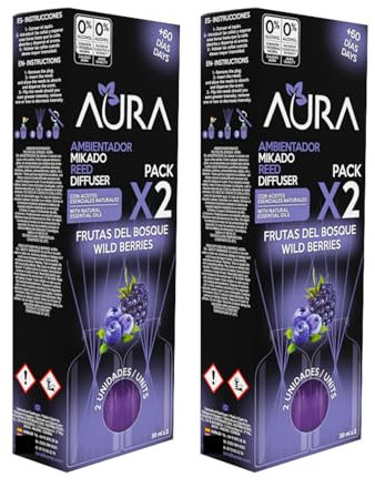 Aura | Pack 4 Ambientador Mikado | 30ml | 100% Puro | Duración 4 Semanas | 4x30ml | 0% Alcohol (4x30ml, Frutas del Bosque)