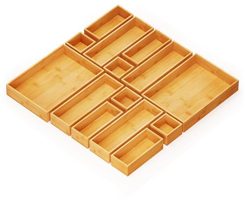 SpaceAid 14-Piece Bamboo Drawer Organiser Storage Boxes Set, Wood Tray Junk Drawer Organisers Multi-Use Divider Bins for Kitchen, Bathroom, Office Desk and Makeup Organisation (14 Pack, Natural)