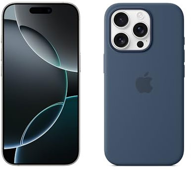 Apple iPhone 16 Pro 128 GB - Titan Weiß + Silikon Case mit MagSafe – Denim