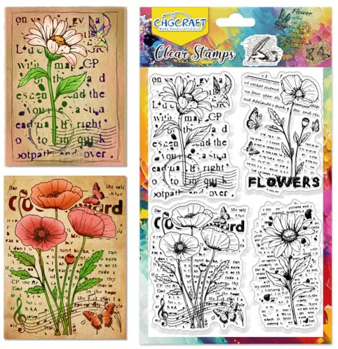 CHGCRAFT Vintage Blooming Flowers Clear Stamps Text Hintergrund-Silikonstempel Mohnblumen Transparente Silikonstempel Siegel für DIY Scrapbooking Kartenherstellung Fotoalbum Postkartendekoration