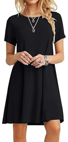 Zeagoo Black Dress Round Neck Short Sleeve T-Shirt Women's Clothing Dresses for Women Summer Casual Knee Length Ladies Dresses with Pockets Size XXL