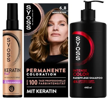 SYOSS Coloration 6_8 Dunkelblond (115 ml), 100% Grauabdeckung & Keratin Heat Hitzeschutz Spray (200 ml) bis zu 230 °C & Gliss Shampoo Colour Perfector (250 ml) für coloriertes und gefärbtes Haar
