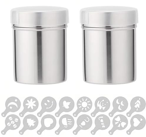 Jimkply - Juego de 2 espolvoreadores de cacao de acero inoxidable para capuchino, con 16 plantillas, capuchino en polvo para asar en casa, cafés, restaurantes