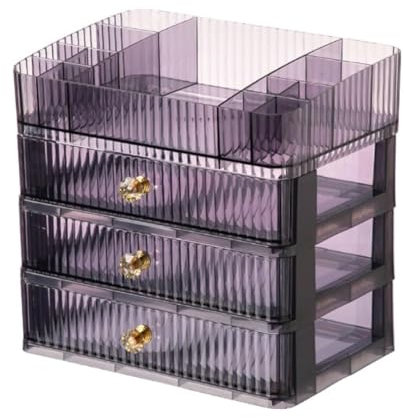 SIOOUI Makeup Organiser with 3 Drawers, Acrylic Stackable Cosmetic Organizer, Skincare Organiser with Removable Tray for Vanity, Desk Storage Holder for Lipstick, Brushes and Nail Polish (Purple)