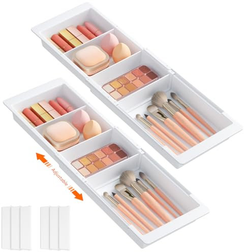 Lifewit 2 Stück Schubladen Organizer, Verstellbar Schubladentrenner, 35.2-55.5 cm länge und 4.7 cm hoch, Hängend Kunststoff Schminktisch Organizer für Kosmetik, Make up, Küchen, Büro, Weiß