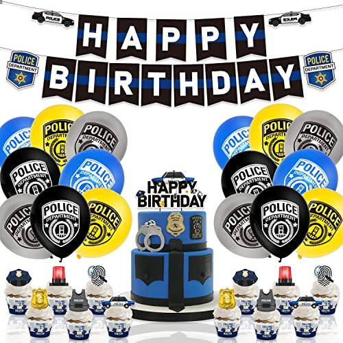 30PCS Polizei Thema Geburtstag Party Dekoration, Polizei Thema Ballon Set, alles Gute zum Geburtstag Banner Geburtstagstorte Dekoration, DIY Kuchen Geburtstagsparty, Party-Dekoration