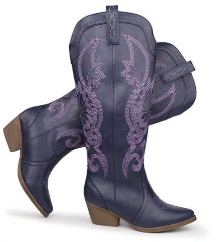Hawkwell Damen-Cowboystiefel mit spitzer Zehenpartie und Blockabsatz, zum Hineinschlüpfen, kniehohe Westernstiefel