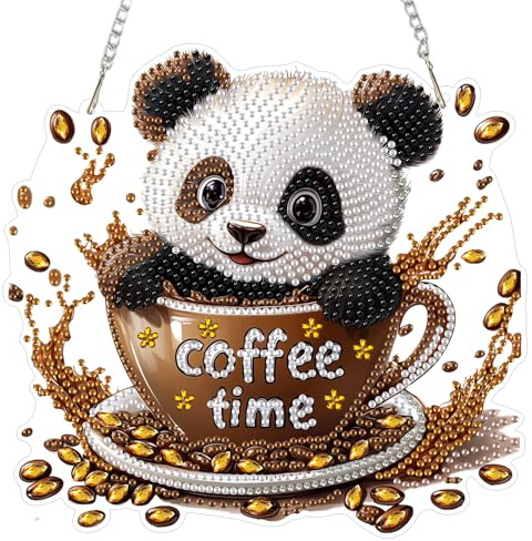 DAERLE Diamond Painting Anhänger Kaffee Panda, 5D Diamond Painting Fensterbilder Hängend für Erwachsene, Hängende Ornament Bastelset Set Ornament Tür Fenster Wand Decor, Süßer Panda