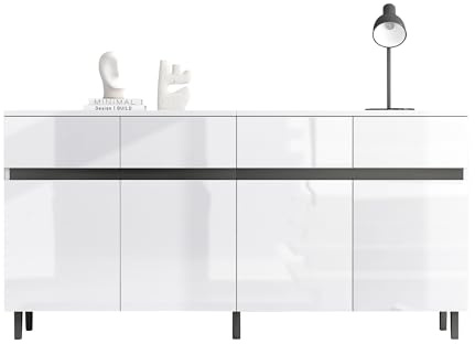 phosir Buffet moderne blanc brillant, 160 x 40 x 68 cm, avec 4 tiroirs et 2 portes, étagères réglables en hauteur, pour salon, salle à manger, couloir, comme meuble TV et armoire de rangement