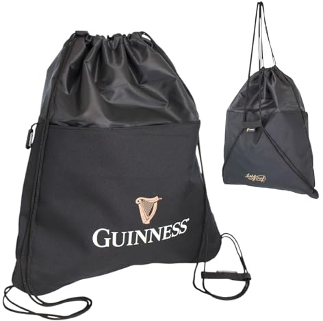 Guinness Offizieller Beutel mit Kordelzug, schwarz, wasserabweisend, Sport- und Turnbeutel mit Reißverschlusstasche, leichter Rucksack für Fußball, Reisen und den täglichen Gebrauch, lizenziertes