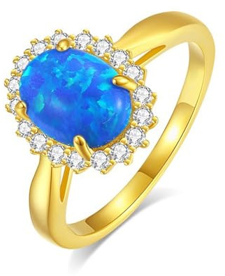 KnSam Gold 585 Trauringe Echte Goldschmuck, Blumen Freundschaftsringe mit Opal Blau Ovalschliff, Bandringe Moissanit 14K Gold, Gr.61 (19.4)